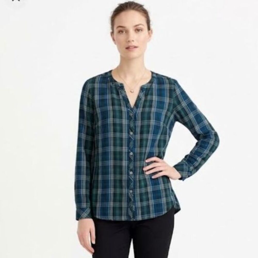 J. Jill Women's Blue Multi Tartan Plaid Collarless V-Neck LS Button-Up Top Sz S
